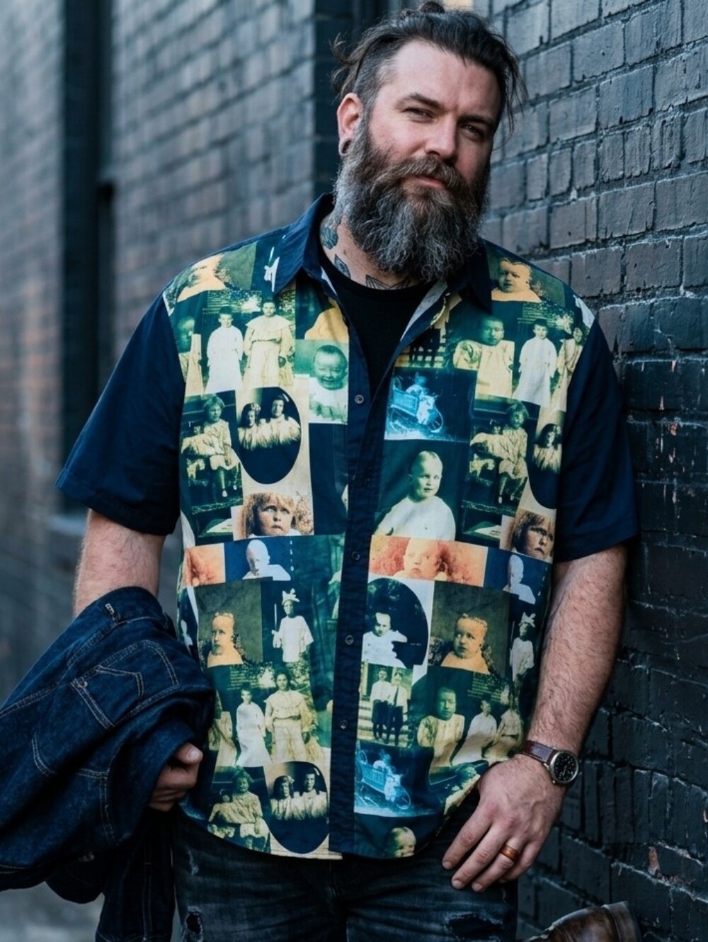 Men's Haunted Portraits Button Up Short Sleeve Shirt by Cowcow Size 2XL